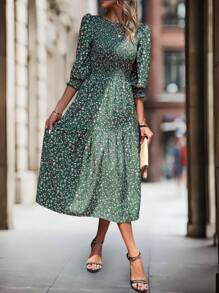 SHEIN Clasi 碎花印花灯笼袖荷叶边下摆连衣裙长款女装 - 彩色 - 查看 6