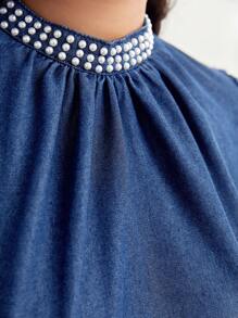 Mulvari Plus Pearls Beaded Flounce Sleeve Denim Top - Dark Wash - View 6
