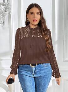 SHEIN LUNE Plus Contrast Lace Flare Sleeve Tie Neck Blouse - Coffee Brown - View 4