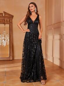 Elisanya Elegant V-Neck Sleeveless A-Line Sequin-Decor Dress – Lightweight Flowy Formal Gown For Spring-Summer – - Black - View 5