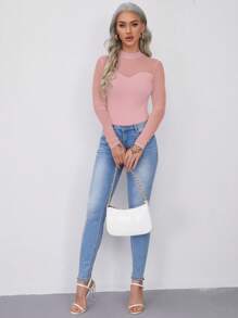 SHEIN Privé Ách lưới Cổ giả Thon gọn Áo - Bụi hồng - Xem 5