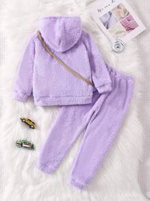 Young Girl Letter Embroidery Teddy Hoodie & Pants - Dusty Purple - View 2