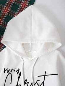 SHEIN EZwear 字母圖案袋鼠口袋抽繩保暖連帽衫 - 白色 - 查看 3