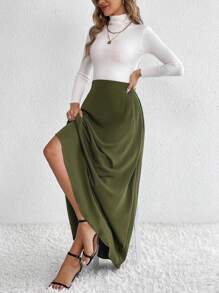 SHEIN Tall Falda larga unicolor de talle alto línea A - Verde Oscuro - Ver 6