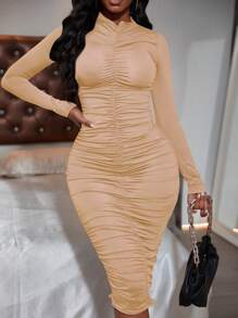 SHEIN SXY 正面褶皺小高領緊身洋裝 - 棕色 - 查看 1