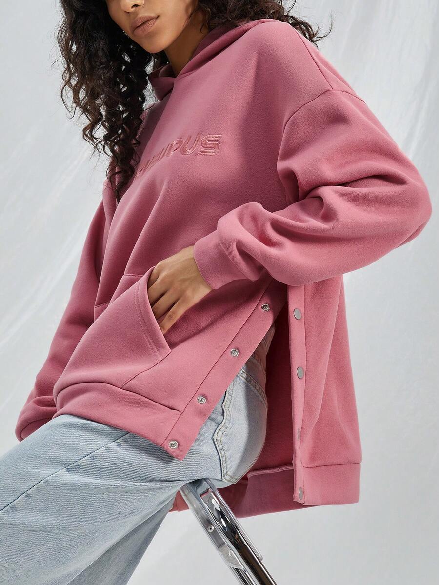 SHEIN EZwear Đồ họa Chữ cái Túi kangaroo Thả vai Hoodie - Hồng - Xem 1