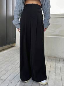 DAZY 高腰褶饰阔腿裤女式正装裤 - 黑色 - 查看 7