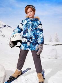 SHEIN Tween Boy Mountain Print Hooded Sports Coat