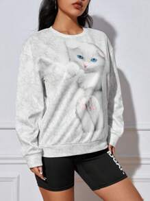 SHEIN Unity Cat Print Drop Shoulder Sweatshirt Pullover Fall Sweatshirt - White - View 6