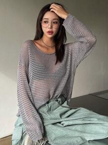 DAZY Solid Drop Shoulder Open Knit Sweater - Light Grey - View 1