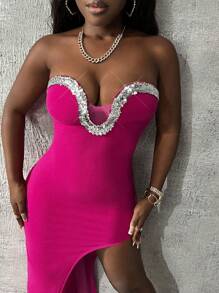 Slaydiva 亮片拼接不對稱下擺抹胸洋裝 - 玫紅色 - 查看 6