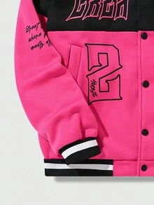 ROMWE MEN Street Life 字母印花拼色男士夾克 - 玫紅色 - 查看 3