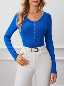 SHEIN Frenchy Camiseta con botón tejido de canalé - Azul - Ver 1