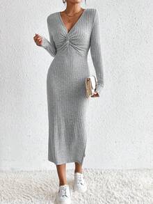 SHEIN Frenchy Mặt trước xoắn Tách đùi Đồ đan Ribbed Tách đùi Đầm - Xám - Xem 6