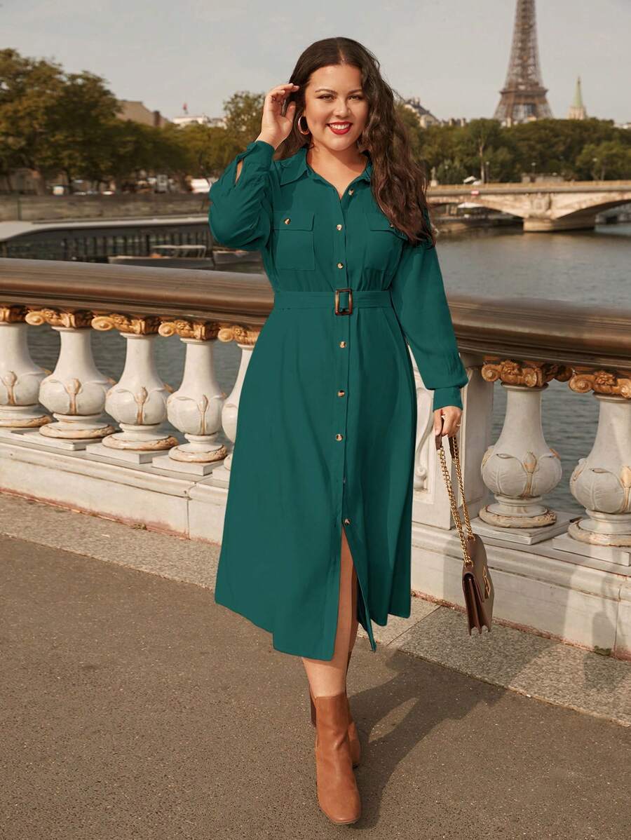 SHEIN Frenchy Plus Flap Pocket Belted Shirt Dress - Dark Green - View 1