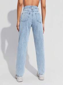 SHEIN EZwear High Waist Straight Leg Jeans - Light Wash - View 2