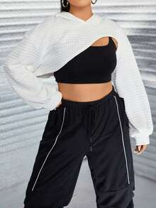 Celure Plus Size Drop Shoulder Super Crop Sweatshirt Without Cami Top - White - View 3