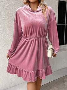 SHEIN Clasi 大碼落肩袖荷葉邊連帽絲絨洋裝 - 粉色 - 查看 3