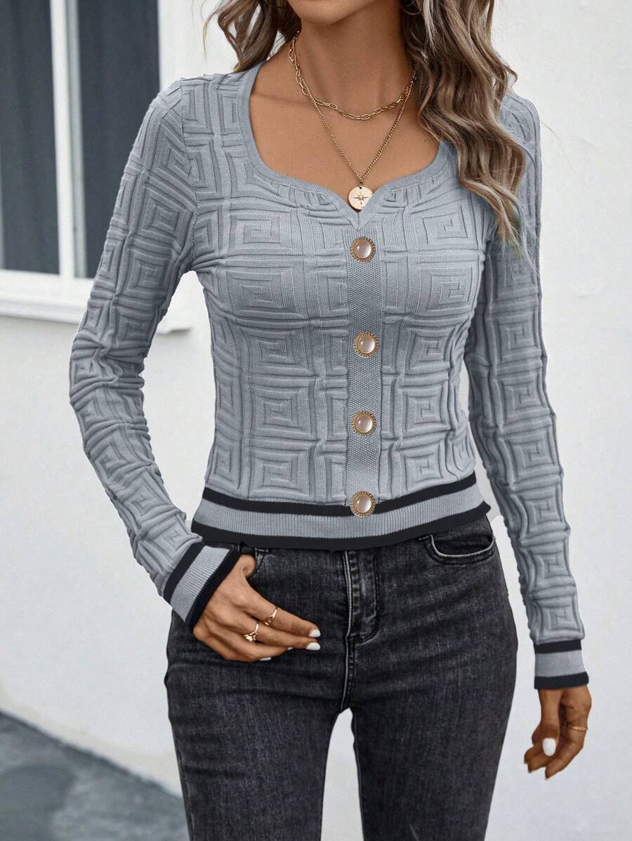 SHEIN LUNE 條紋圖案紐扣細節套頭毛衣 - 灰色 - 查看 1