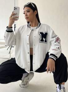 Flirla 休閒字母 條紋大碼夾克 - 白色 - 查看 6