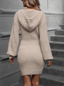 SHEIN LUNE Drop Shoulder Drawstring Hooded Sweater Dress - Khaki - View 2