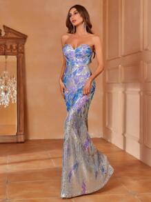 Mermaid Hem Sequin Tube Prom Dress - Silver - View 1