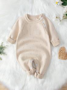 Baby Girl Raglan Sleeve Button Detail Cable Knit Jumpsuit - Apricot - View 1