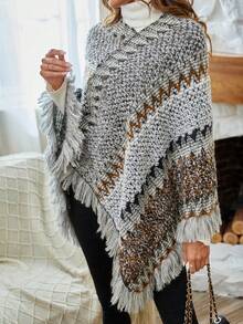 SHEIN LUNE 幾何圖案流蘇邊斗篷毛衣 - 灰色 - 查看 5