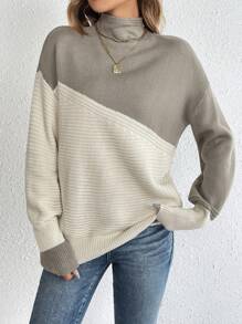 SHEIN Tall 雙色小高領落肩袖套頭毛衣 - 彩色 - 查看 4