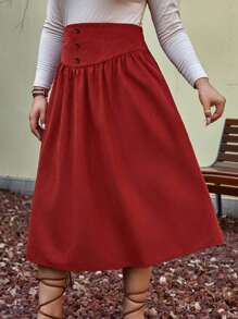 SHEIN VCAY 大碼高腰紐扣細節喇叭半身裙 - 棕色 - 查看 1