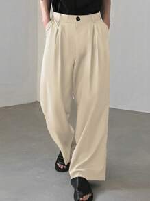 Claim Dot 秋季宽松男士翻领腰部褶皱阔腿裤 - 米色 - 查看 1