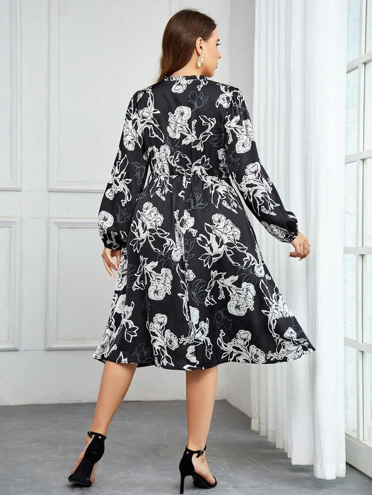 Plus Floral Print Tie Neck Lantern Sleeve Dress Without Belt