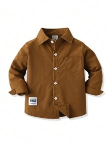 Young Boy Letter Patched Detail Pocket Front Brown Shirt Chic Autumn/Winter - Brown - View 7