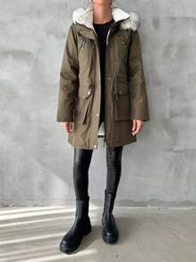 Flap Pocket Drawstring Waist Fuzzy Trim Hooded Thermal Lined Parka Coat - Army Green - View 8