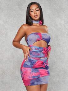 SHEIN BAE Tie Dye Cut Out 3d Rose Front Tube Bodycon Dress With Choker - Purple - View 6