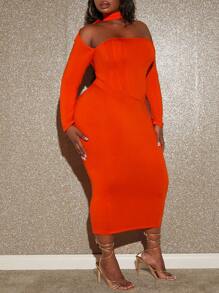 Slaydiva 優雅挖空純色加大洋裝 - 橘色 - 查看 5