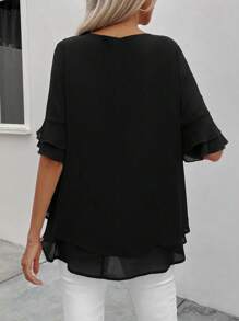 EMERY ROSE Flare Sleeve Half Button Blouse - Black - View 2