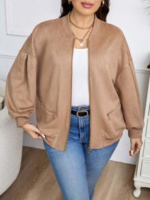 SHEIN Essnce Plus Drop Shoulder Zip Up Bomber Jacket - Camel - View 1