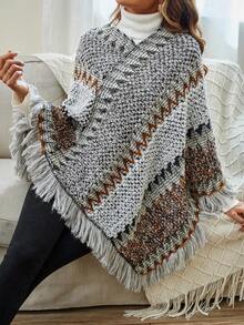 SHEIN LUNE 幾何圖案流蘇邊斗篷毛衣 - 灰色 - 查看 6