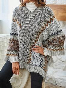 SHEIN LUNE 幾何圖案流蘇邊斗篷毛衣 - 灰色 - 查看 7