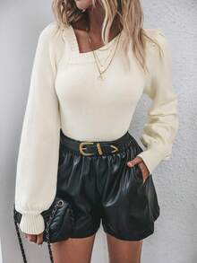 SHEIN Essnce Solid Asymmetrical Neck Lantern Sleeve Sweater - Beige - View 3