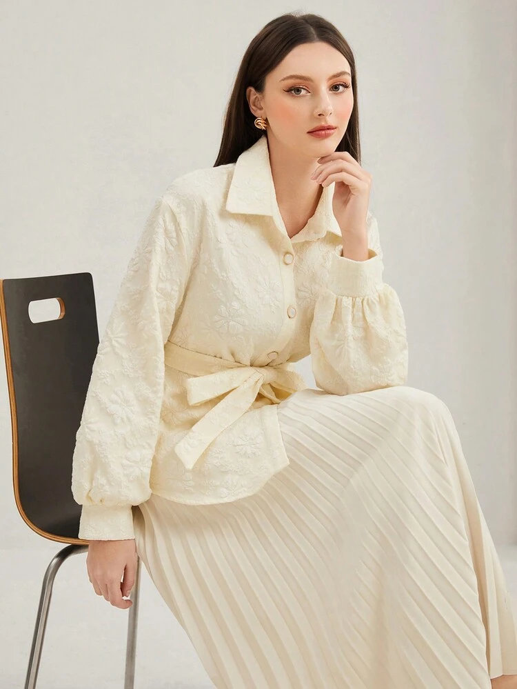 Floral Jacquard Belted Button Front Coat Fall Cloth For Women