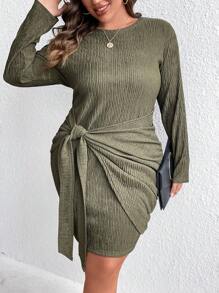 SHEIN LUNE 大碼側打結圍裹下擺緊身洋裝 - 軍綠色 - 查看 5