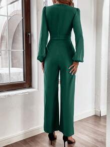 SHEIN Frenchy Surplice Neck Lantern Sleeve Wide Leg Jumpsuit - Green - View 2