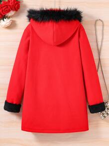 SHEIN Cô gái Tween Trang trí Fuzzy áo có mũ Áo khoác Không có áo len Đối với Giáng sinh - Đỏ - Xem 2