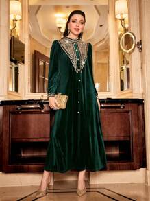 Al Najma 拼接織帶細節絲絨洋裝 - 墨綠色 - 查看 3