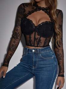 Allurite 女士镂空设计长袖蕾丝性感透视露脐上衣 - 黑色 - 查看 4