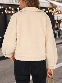 SHEIN LUNE Thả vai Chi tiết về Flap Áo Teddy Jackets - Màu Khaki - Xem 2