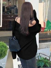 DAZY Solid Foldover Bardot Sweater Off Shoulder Sweater,Fall Women Clothes - Black - View 2