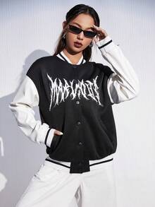 SHEIN EZwear 字母圖案雙色落肩袖雙色學院風夾克 - 黑與白 - 查看 5